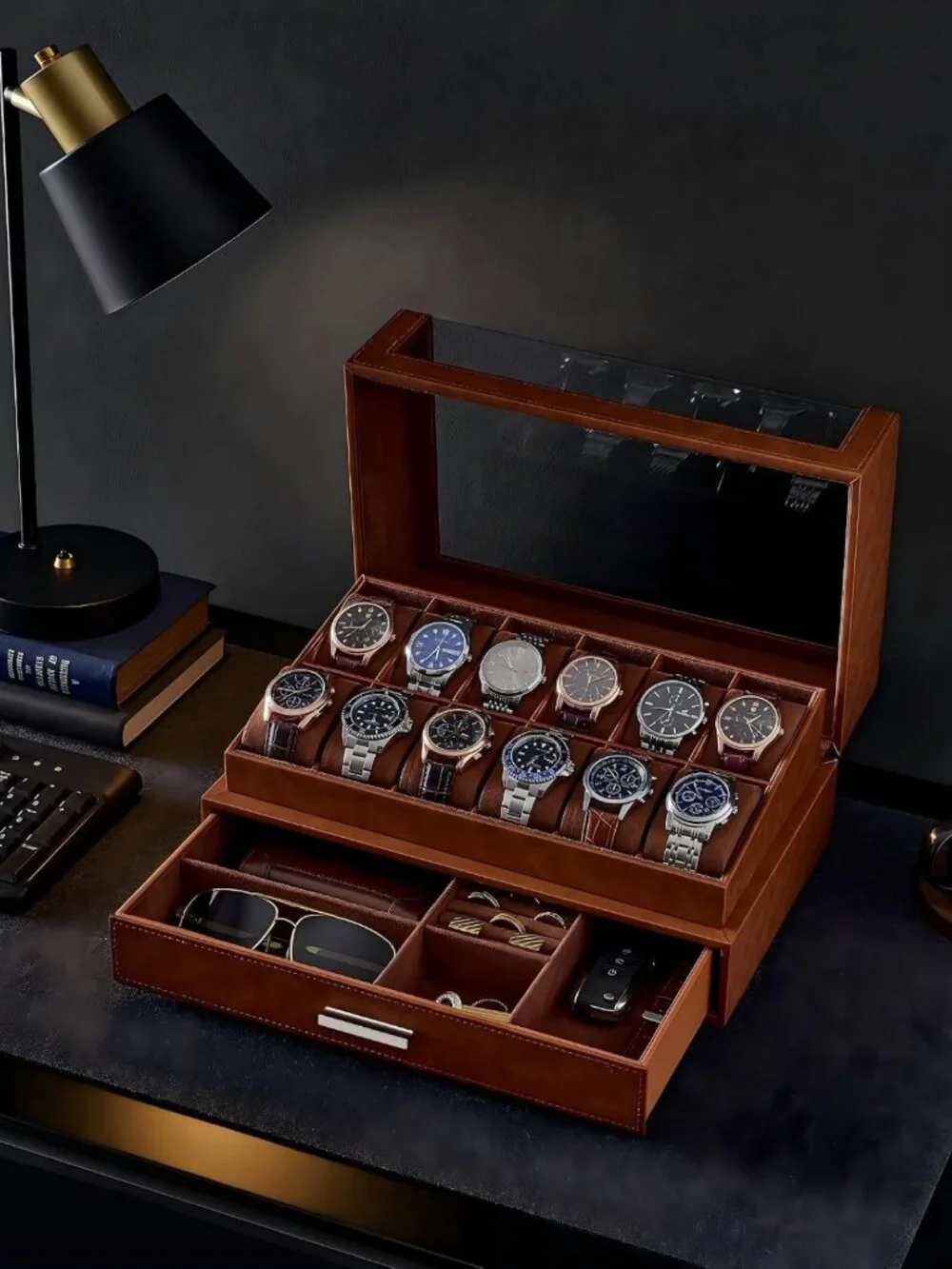 12-Slot Men's Watch Display Box - Elegant Brown Storage Case for Watches